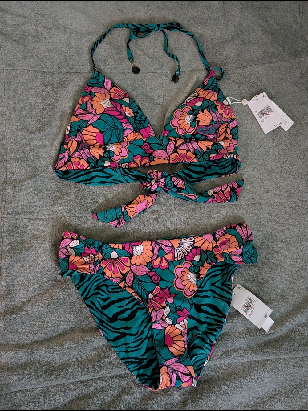 NWT Reversible Zebra & Floral Tie-Front Bikini Set in Teal & Pink Women's Medium